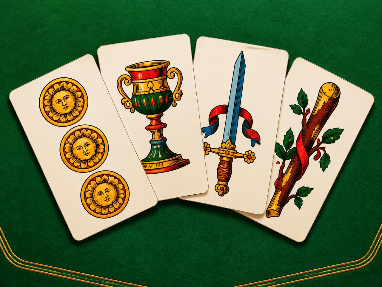 Illustrazione di carte napoletane su un tavolo verde.